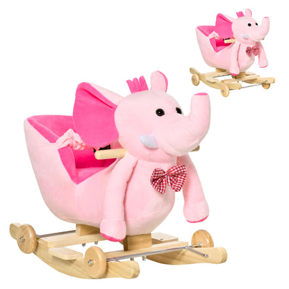 HOMCOM 2 In 1 Plush Baby Ride on Rocking Horse Elephant Rocker with Wheels Wooden Toy for Kids 32 Songs for 18+ Months (Pink) 