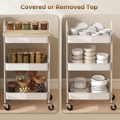 HOMCOM 3-Tier Kitchen Storage Trolley with on Wheels Cover Top Board - White and Oak 