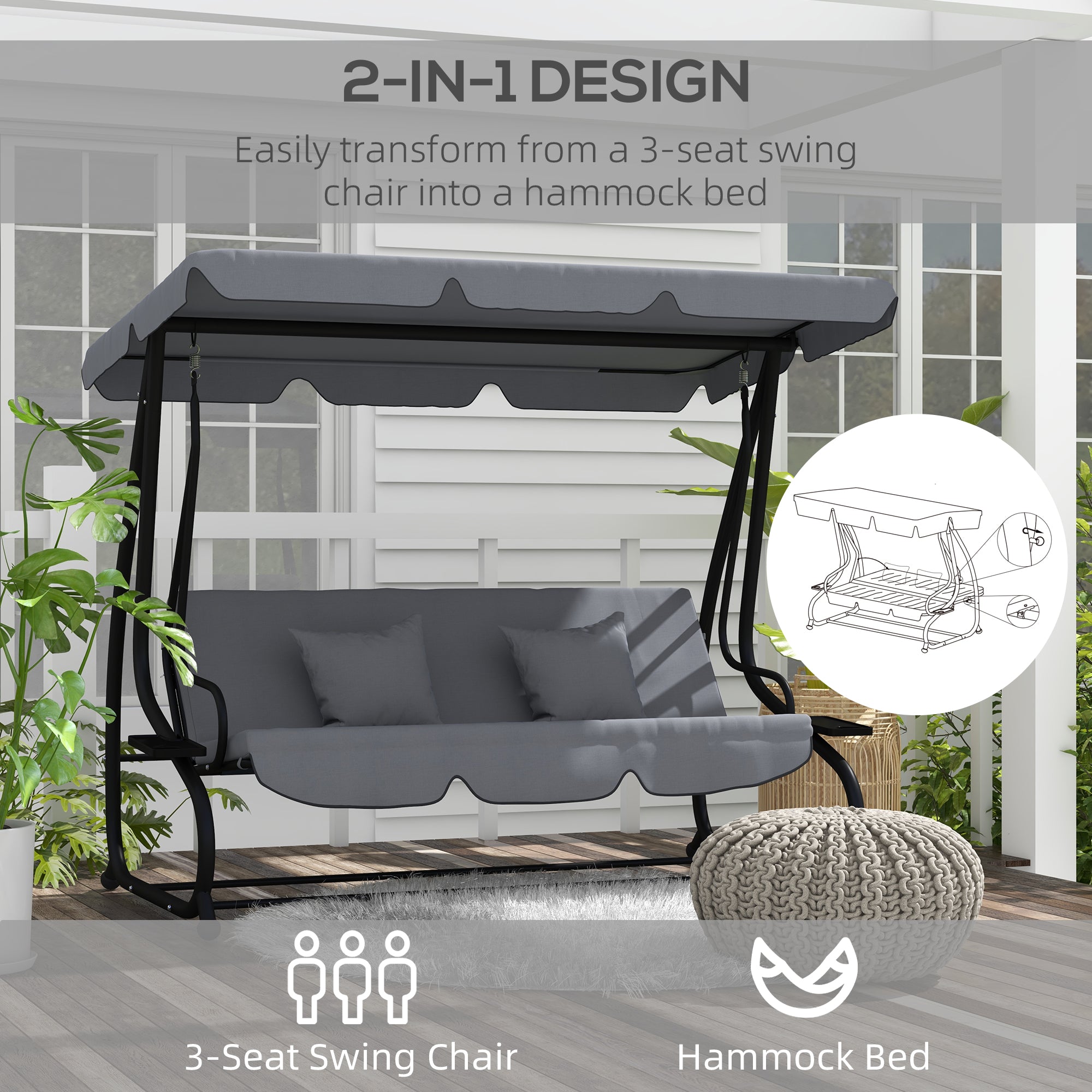 Outsunny Three-Person garden Swing Chair, with Adjustable Canopy - Light Brown 