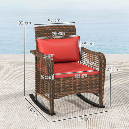 Outsunny Garden Rocking Chair, Outdoor Rattan Rocker Lounge Chair with Seat and Back Cushions, Patio Armchair Seat with All-weather Wicker, Steel Frame for Porch Balcony, Red 