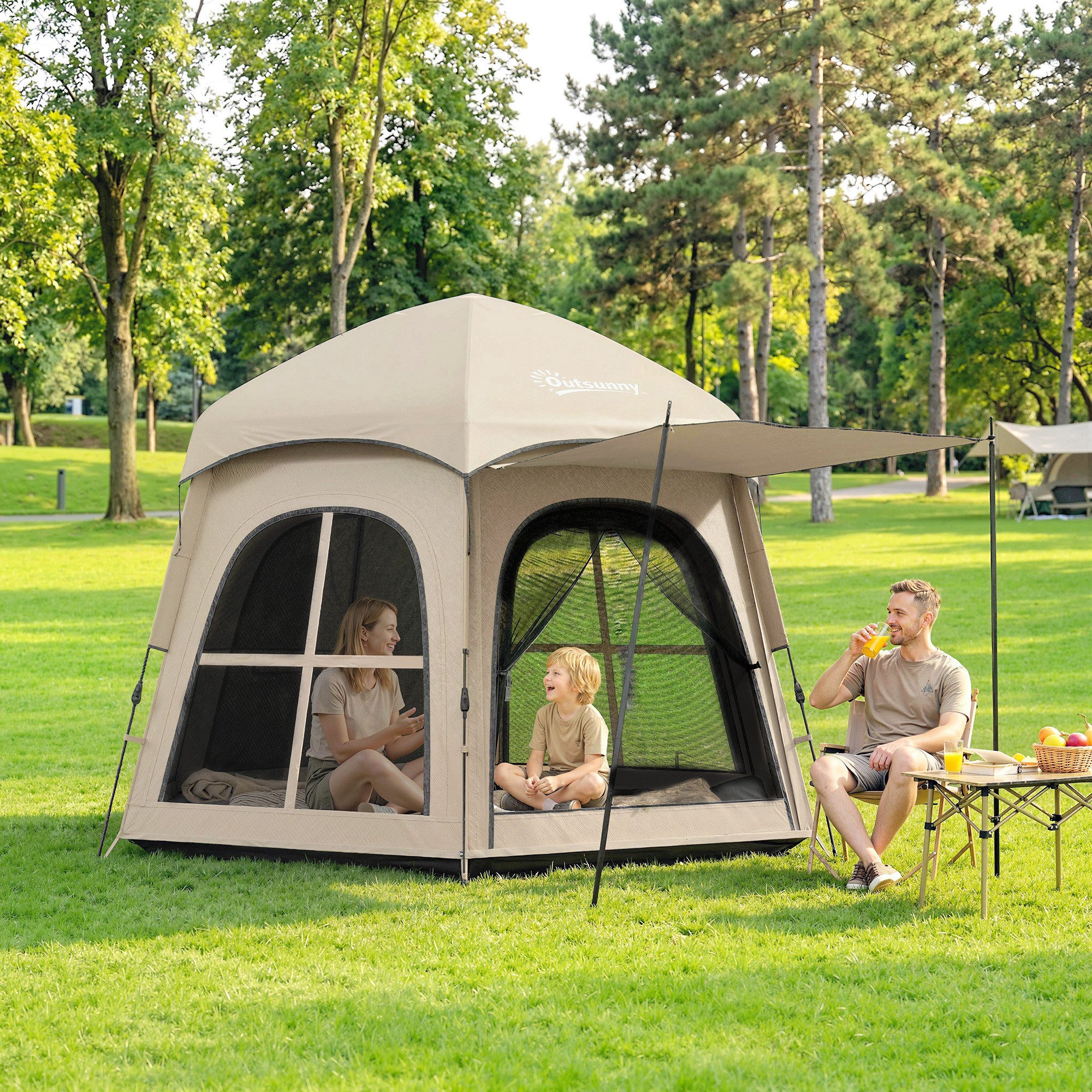 Outsunny Pop Up Tent 3000mm Waterproof Instant Camping Tent 3-4 Person with 2 Doors 4 Windows Khaki 