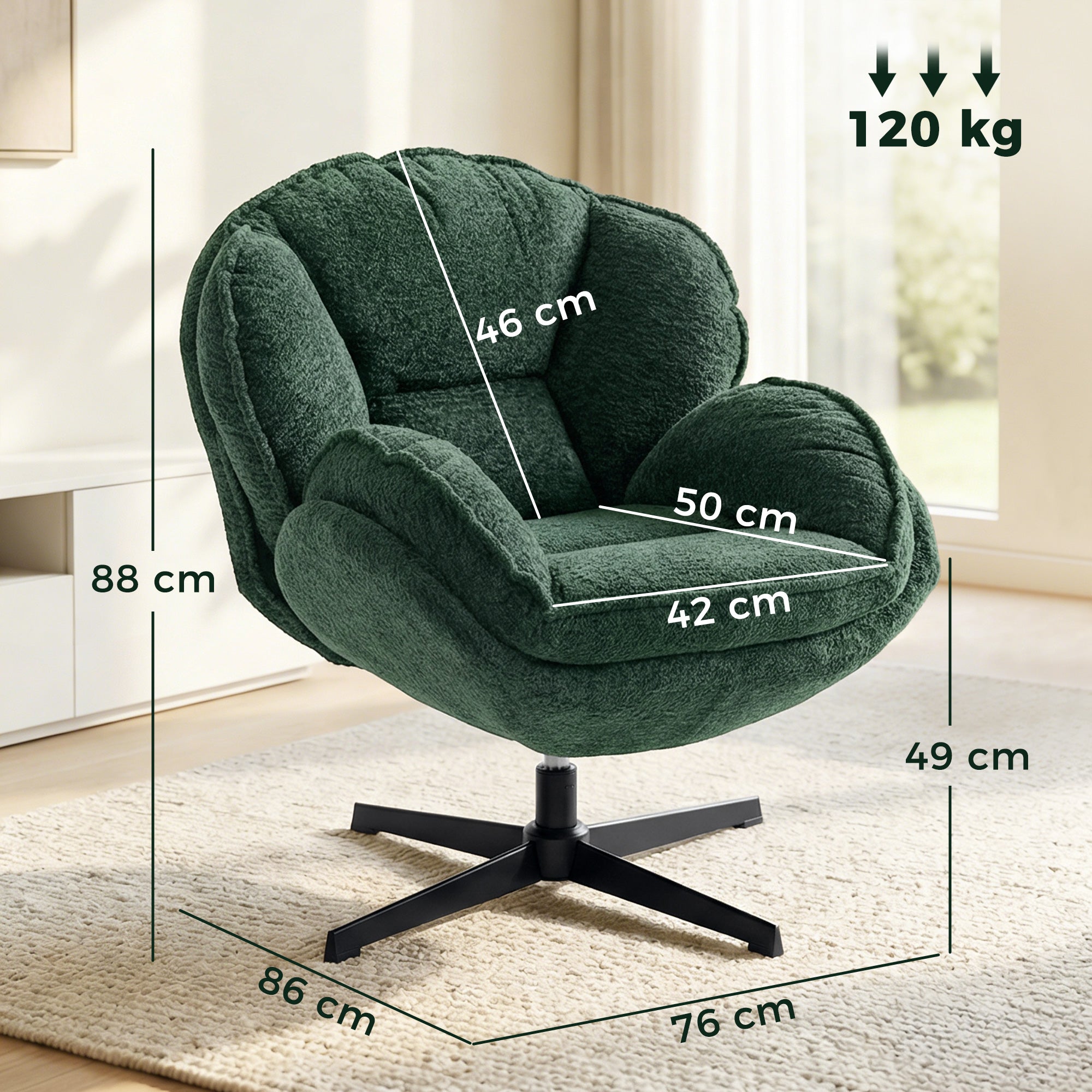 HOMCOM Modern Wingback Accent Chair, Velvet Armchair with Four-Star Base, S-Springs, Swivel, Dark Green 