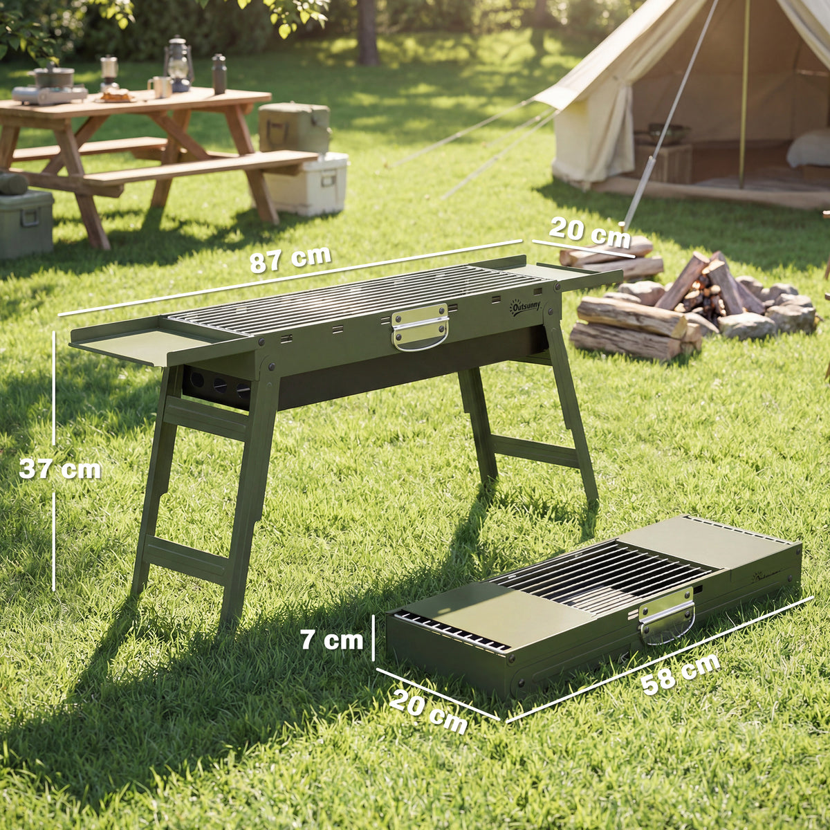 Outsunny Portable BBQ Grill, Foldable Charcoal Grill for Camping and Picnics with 2 Side Shelves and Handle, Green 