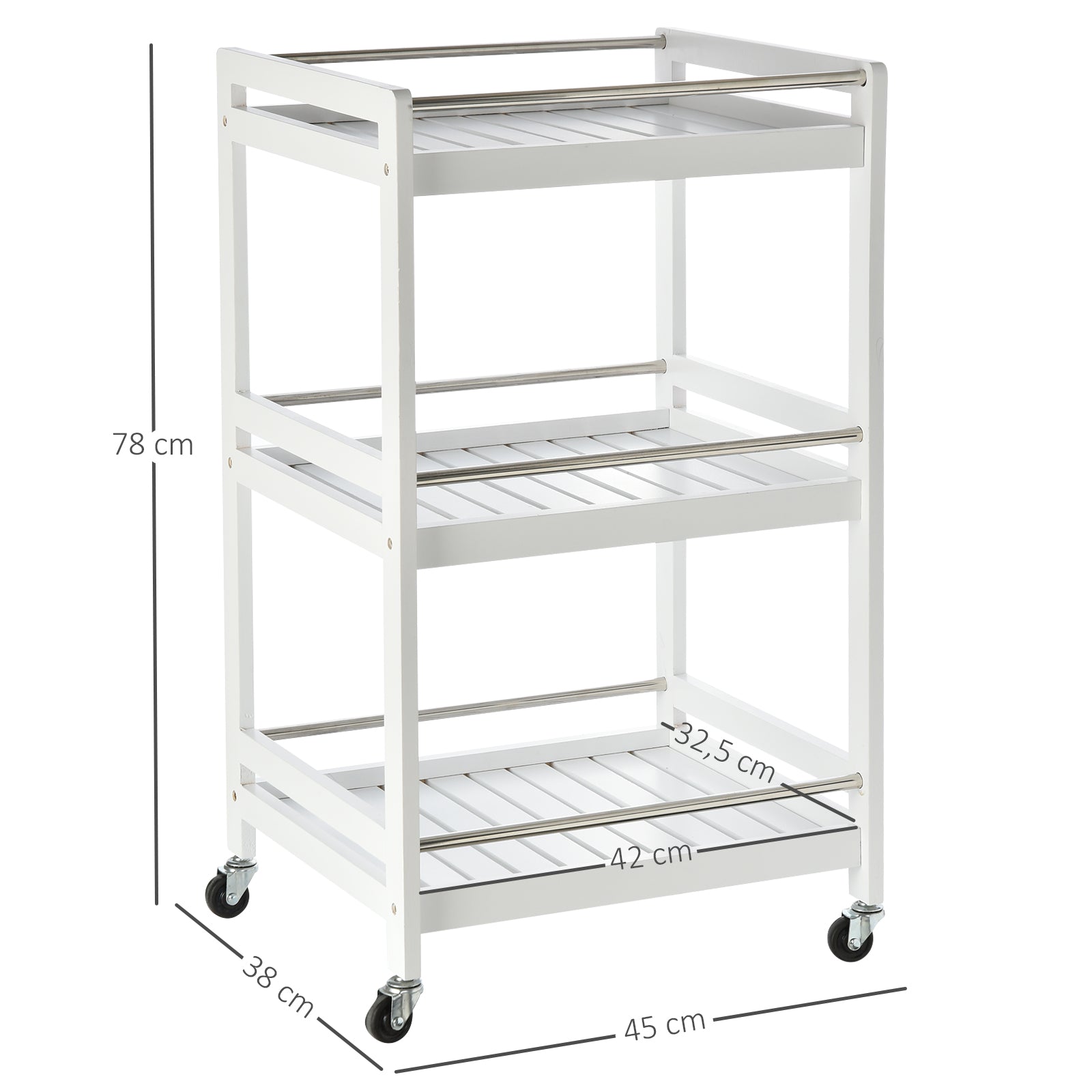 HOMCOM 3-Tier Home Trolley Kitchen Storage Cart w/ Steel Bars 4 Universal Wheels Rolling Unit Organiser Living Room White 