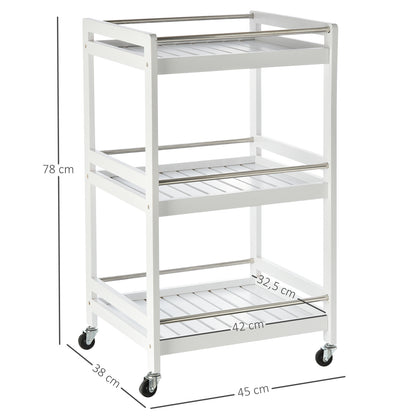 HOMCOM 3-Tier Home Trolley Kitchen Storage Cart w/ Steel Bars 4 Universal Wheels Rolling Unit Organiser Living Room White 
