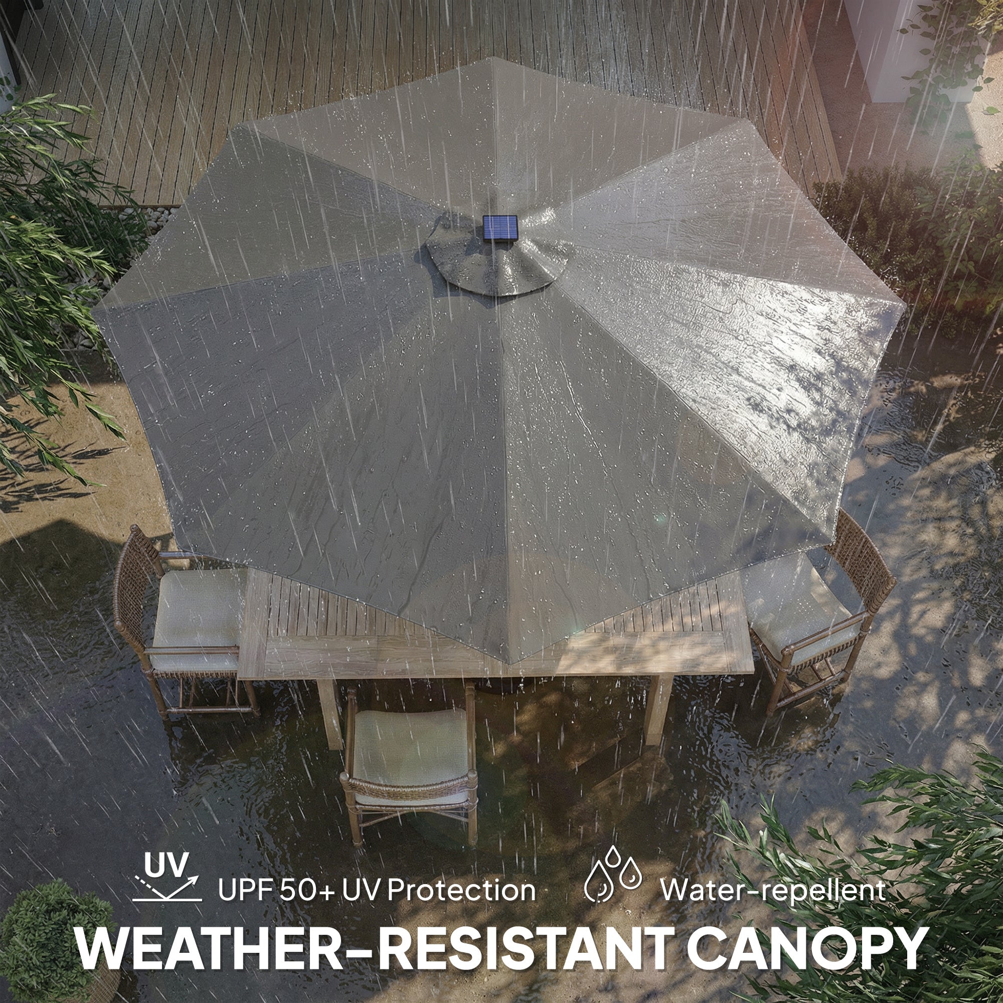 Outsunny 3 m Garden Parasol Umbrella with 112 Solar Powered LED Lights, Patio Umbrella with Crank Handle, Grey 