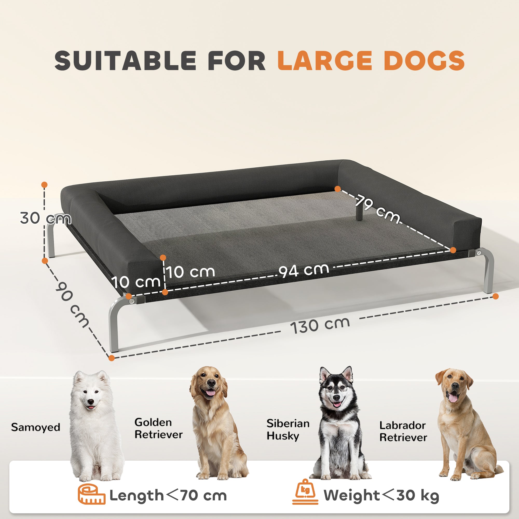 PawHut Elevated Dog Bed with Removable Bolsters, Raised Dog Bed for Large Breeds, Portable Indoor & Outdoor Pet Cots, Black 