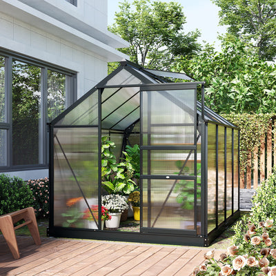 Outsunny 6 x 8ft Polycarbonate Greenhouse, Large Walk-In Green House with Slide Door and Window, Garden Plants Grow House with Aluminium Frame and Foundation, Grey 