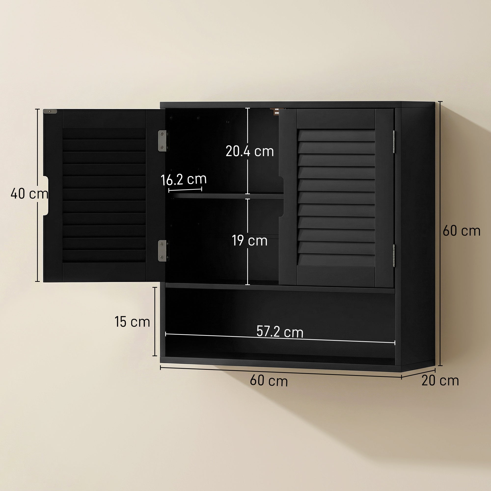 HOMCOM Bathroom Cabinet, Wall Mounted Storage Cabinet with Adjustable Shelves, 60 x 20 x 60 cm, Black 