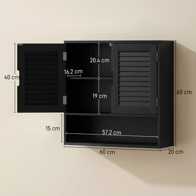 HOMCOM Bathroom Cabinet, Wall Mounted Storage Cabinet with Adjustable Shelves, 60 x 20 x 60 cm, Black 