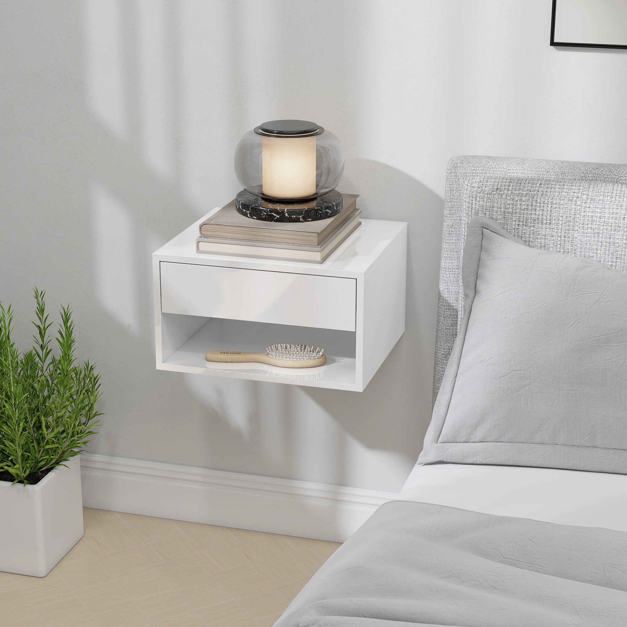 HOMCOM Set of Two Floating Bedside Tables, Wall Mounted Nightstand with Drawer and Open Shelf, High Gloss White 