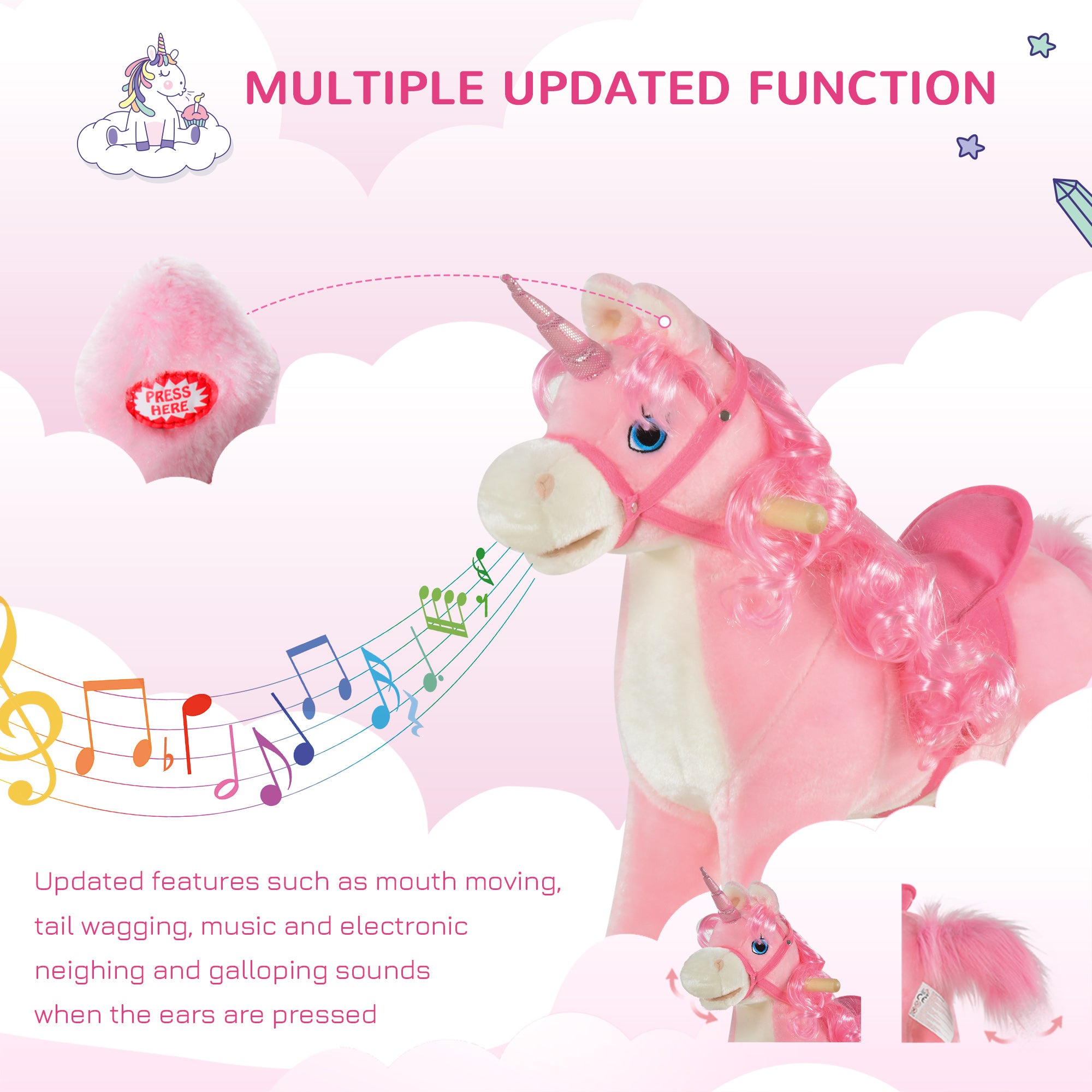 HOMCOM Kids Plush Rocking Horse Ride On Unicorn w/ Sound Moving Mouth Wagging Tail Children Rocker Toy Gift 3-6 Years Pink 