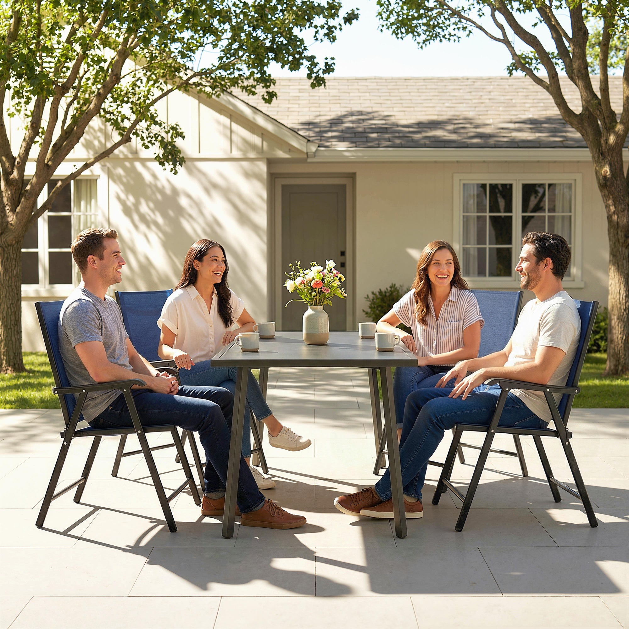 Outsunny Folding Garden Chairs Set of 4, Foldable Garden Dining Chairs with High Back, Armrests, Texteline Seat, Navy Blue 