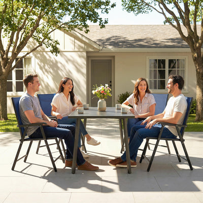 Outsunny Folding Garden Chairs Set of 4, Foldable Garden Dining Chairs with High Back, Armrests, Texteline Seat, Navy Blue 