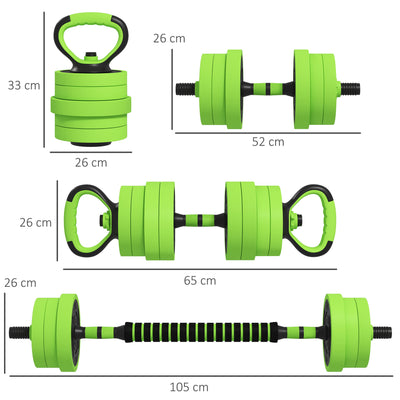 SPORTNOW 40kg Four-In-One Adjustable Weight Dumbbells Set, Barbell, Kettlebell, Push Up Stand - Green 