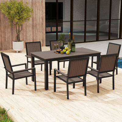 Outsunny 6 Seater Garden Dining Set with Stackable Chairs, Aluminium Frame, Rectangular Plastic Top, Garden Furniture Set, Outdoor Dining Table and Chairs for Patio, Balcony, Poolside, Brown 