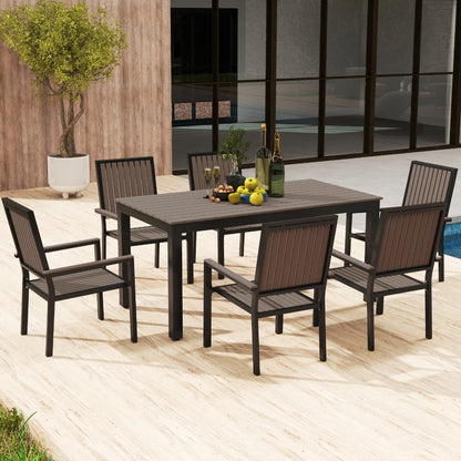 Outsunny 6 Seater Garden Dining Set with Stackable Chairs, Aluminium Frame, Rectangular Plastic Top, Garden Furniture Set, Outdoor Dining Table and Chairs for Patio, Balcony, Poolside, Brown