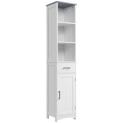 kleankin Tall Bathroom Storage Cabinet with 3 Tier Shelf, Cupboard, Drawer, Door, Freestanding Linen Tower, Slim Side Organizer, White 