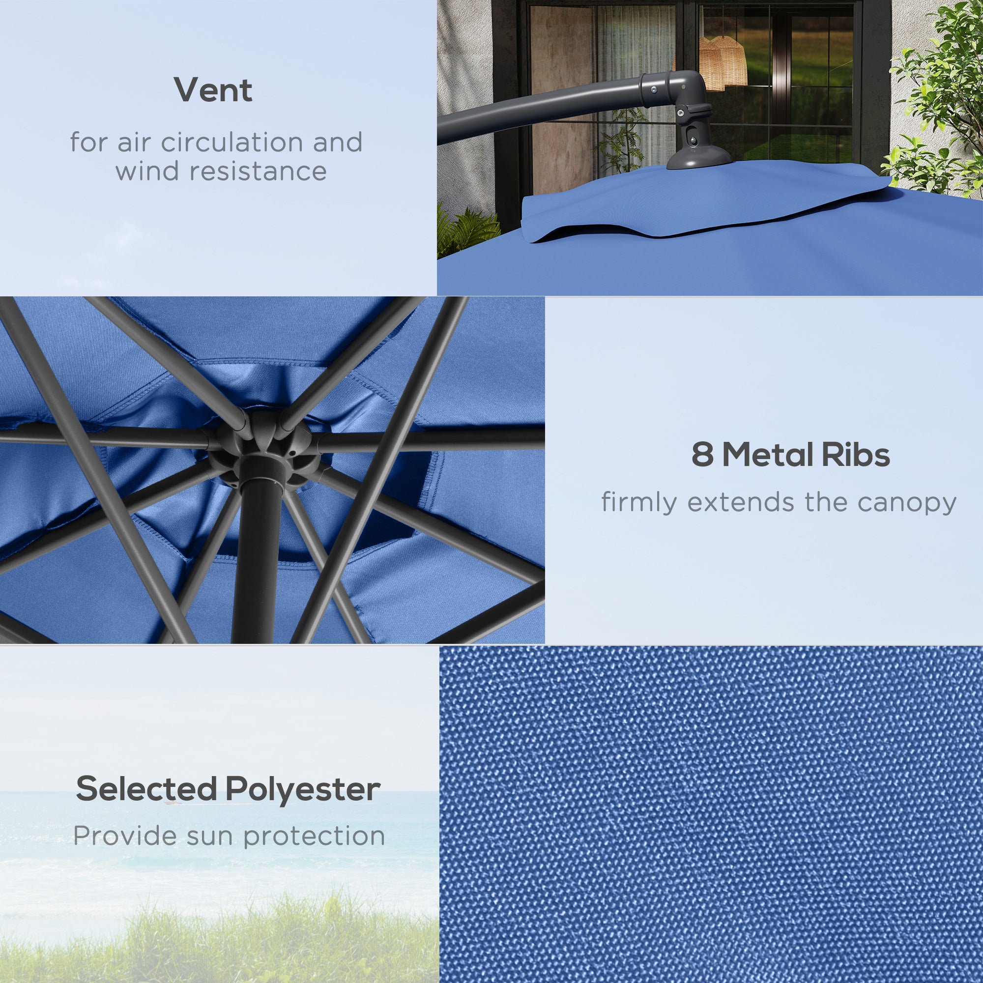 Outsunny 3m Overhanging Parasol, with Base, Weights and Cover - Blue 