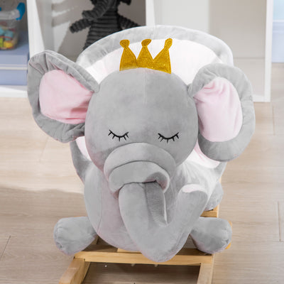HOMCOM Kids Elephant-Designed Rocking Horse, with Safety Belt, Wooden Base, for Ages 18-36 Months - Grey 