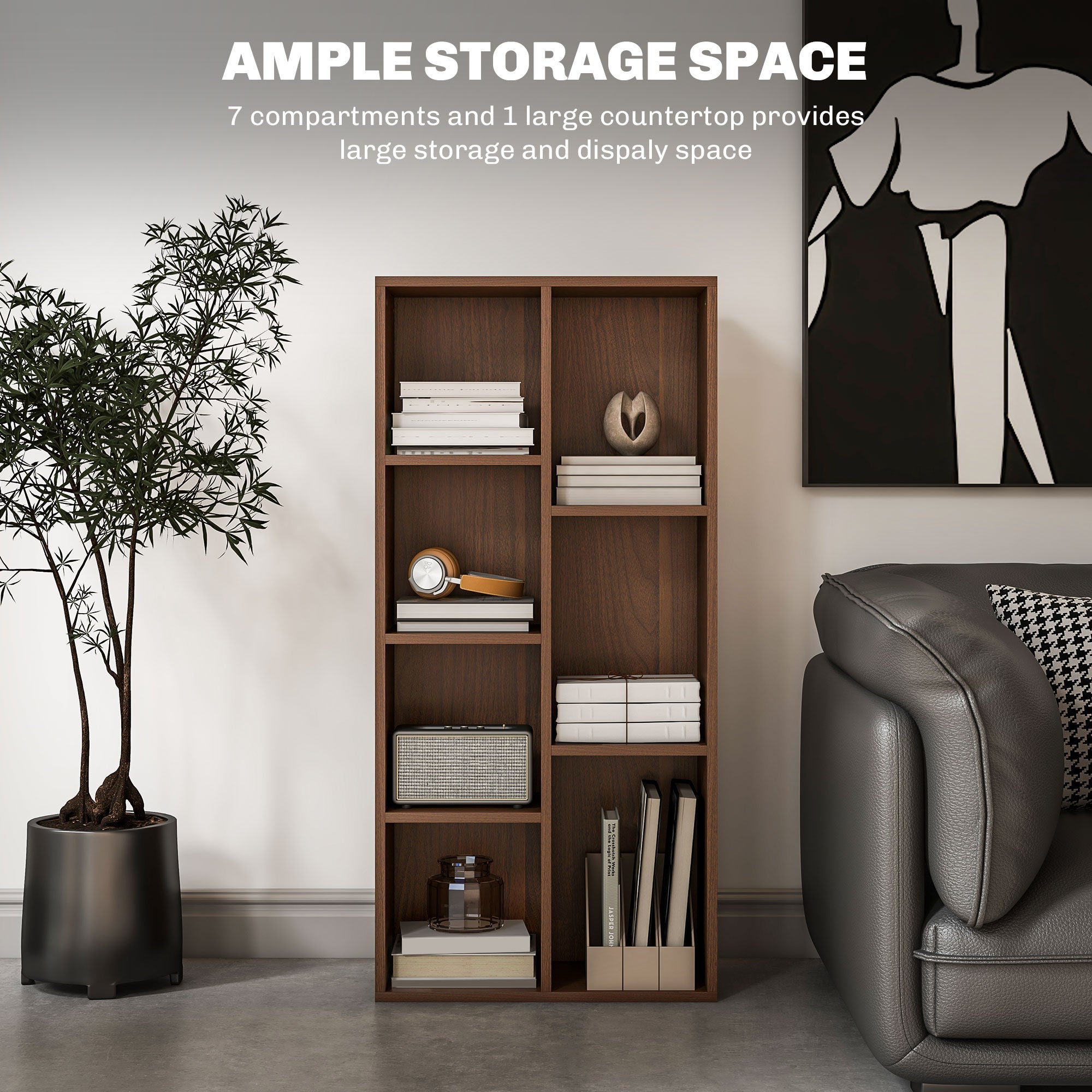 HOMCOM Seven-Cube Bookcase - Walnut Wood Effect 