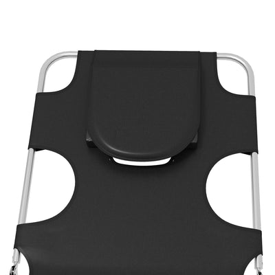 Outsunny Foldable Sun Lounger Set of 2, Beach Chaise Lounges with Reading Hole, Arm Slots, 5-Position Adjustable Backrest, Side Pocket, Pillow for Patio, Garden, Beach, Pool, Black 