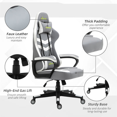 Vinsetto Gaming Chair, Computer Desk Chair with Lumbar Support, Faux Leather Racing Chair with Headrest and Swivel Wheels for Home Office, Grey White 