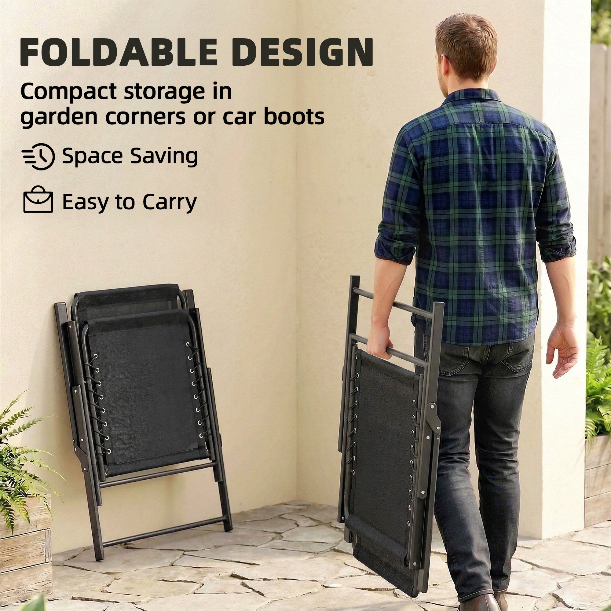 Outsunny Folding Garden Chairs Set of 4, Outdoor Dining Chairs with Wide Texteline Seat, High Back and Armrests, Black 