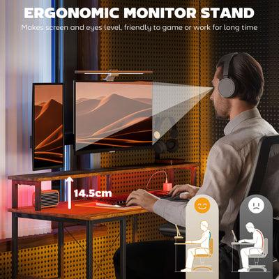 HOMCOM Computer Desk with Power Outlets and LED Lights, 120 x 50cm Reversible Home Office Desk with Monitor Stand and 2-Tier Storage Shelves, Gaming Desk with Cable Management, Rustic Brown 