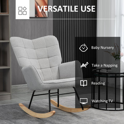 HOMCOM Berber Fleece Nursery Glider Rocker for Nursing, Wingback Rocking Chair for Living Room, Light Grey 
