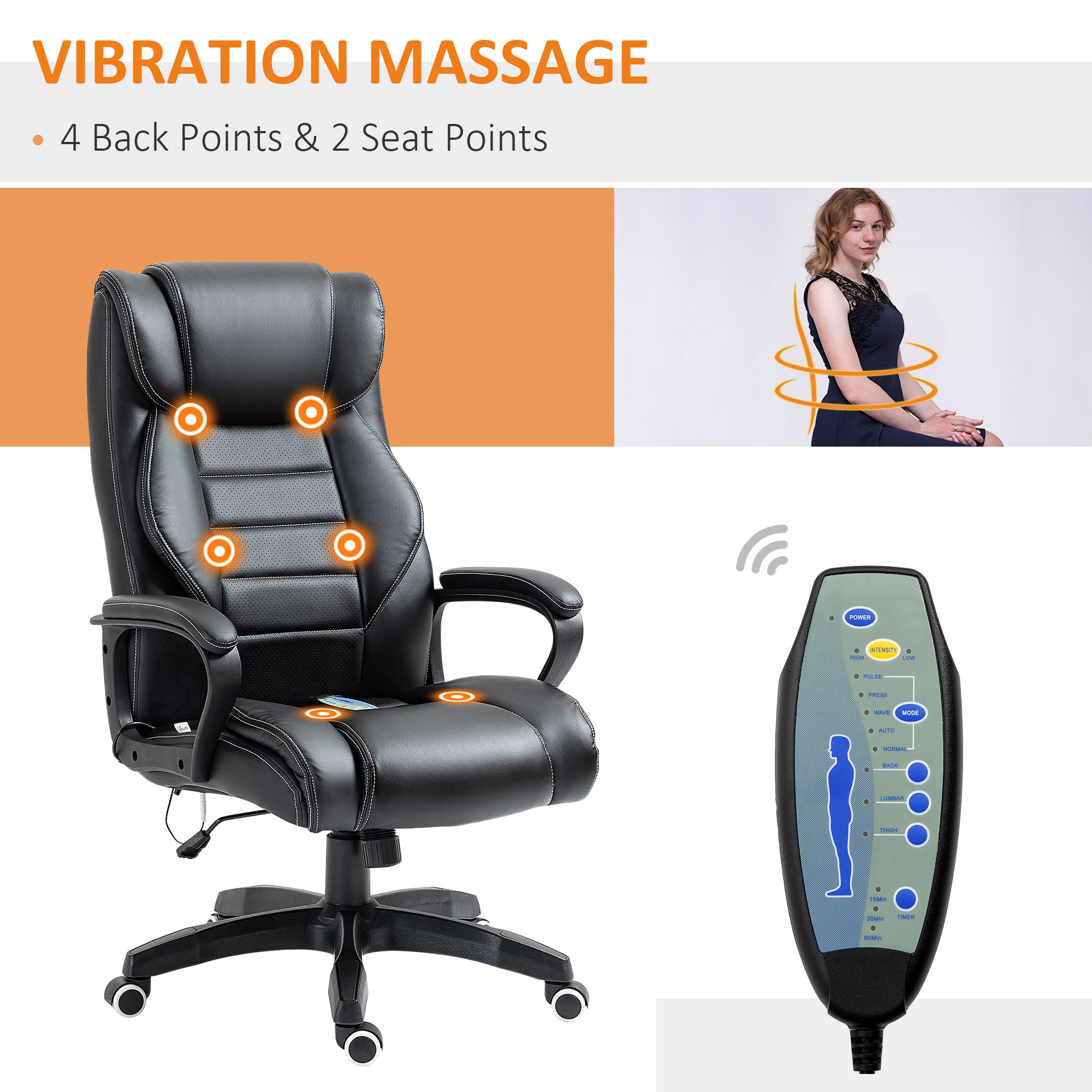 Vinsetto High Back Executive Office Chair 6- Point Vibration Massage Extra Padded Swivel Ergonomic Tilt Desk Seat, Black 