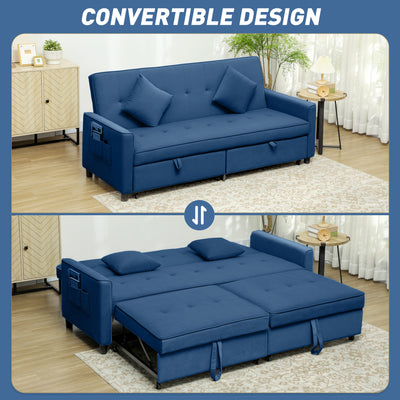 HOMCOM Three-Person Velvet-Feel Sofa Bed - Blue 
