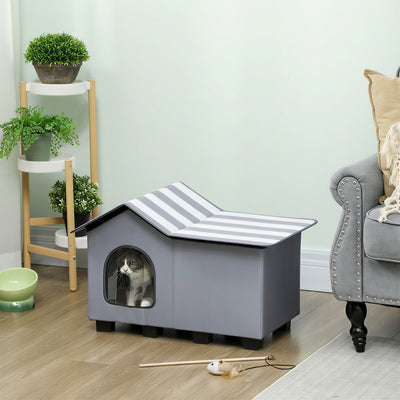 PawHut Outdoor Cat House, Weather Resistant Feral Cat Cave with Elevated Base and Cushion for Winter, Grey 