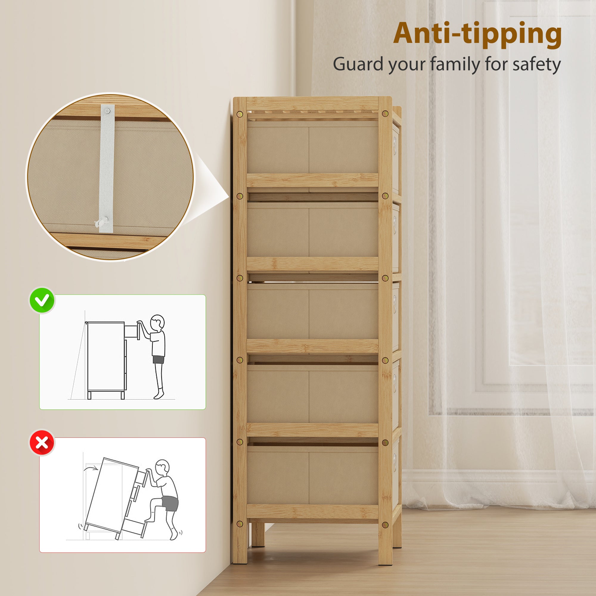 HOMCOM Chest of Drawers, 5 Fabric Drawers Narrow Dresser with Bamboo Frame, Cream White 