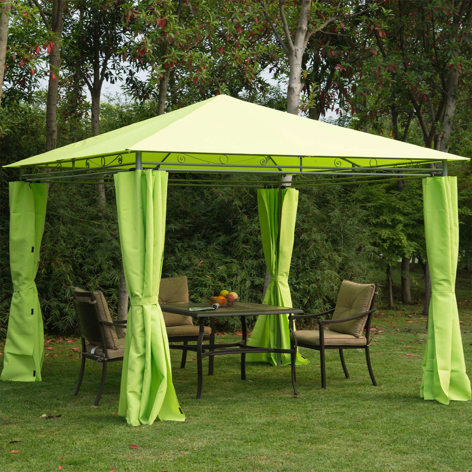 Outsunny 3 x 3(m) Garden Gazebo, Outdoor Gazebo Canopy Shelter with Curtains and Steel Frame for Lawn, Yard and Deck, Green 