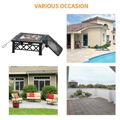 Outsunny Large Outdoor Fire Pit Table, 3 in 1 Square Wood Burning Firepit Metal Brazier, BBQ Grill, Ice Bucket w/ Grill Grate, Log Grate, Lid, Poker for Garden, Camping, Bonfire, 76 x 76 x 47cm, Black 