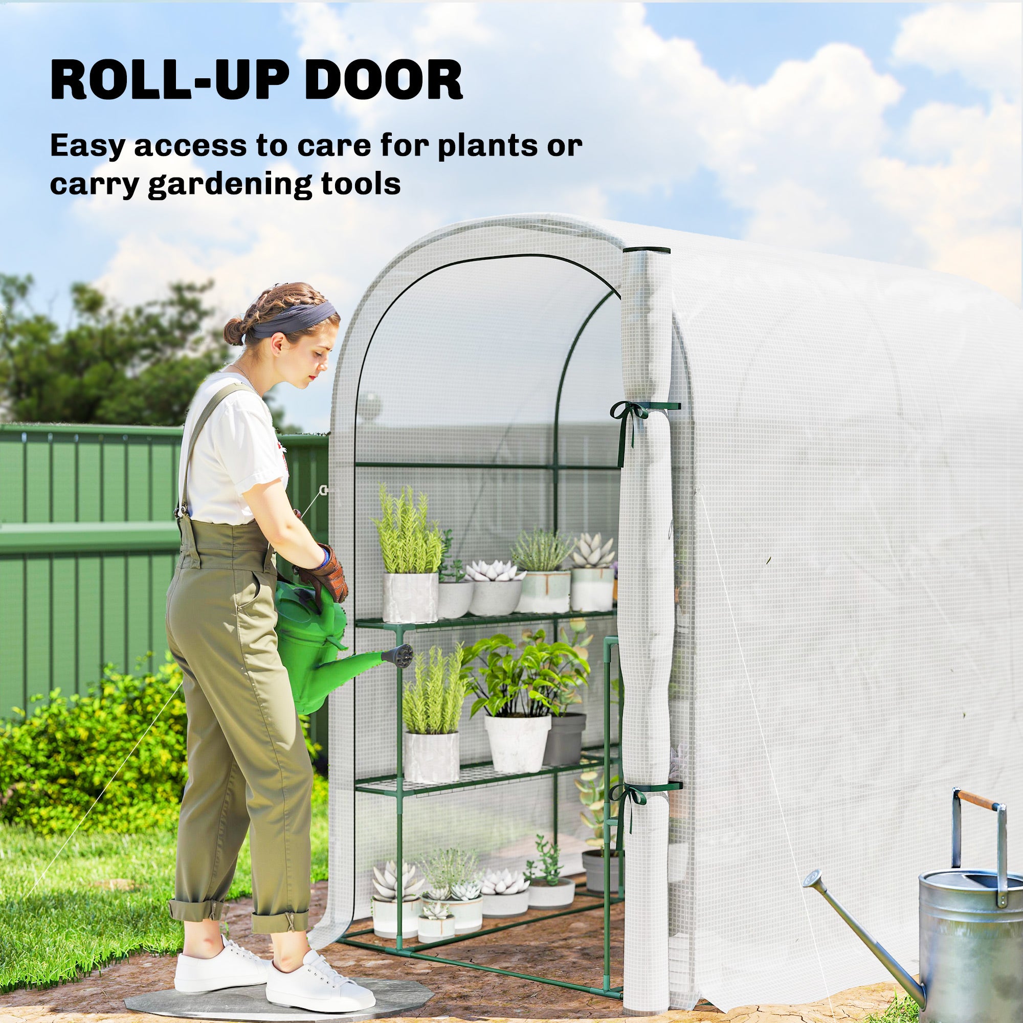 Outsunny Walk-in Greenhouse with Shelves, Small Greenhouse with PE Cover and Roll-up Door, 123 x 187 x 189 cm, White 