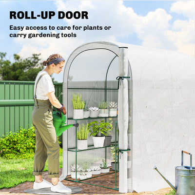 Outsunny Walk-in Greenhouse with Shelves, Small Greenhouse with PE Cover and Roll-up Door, 123 x 187 x 189 cm, White 