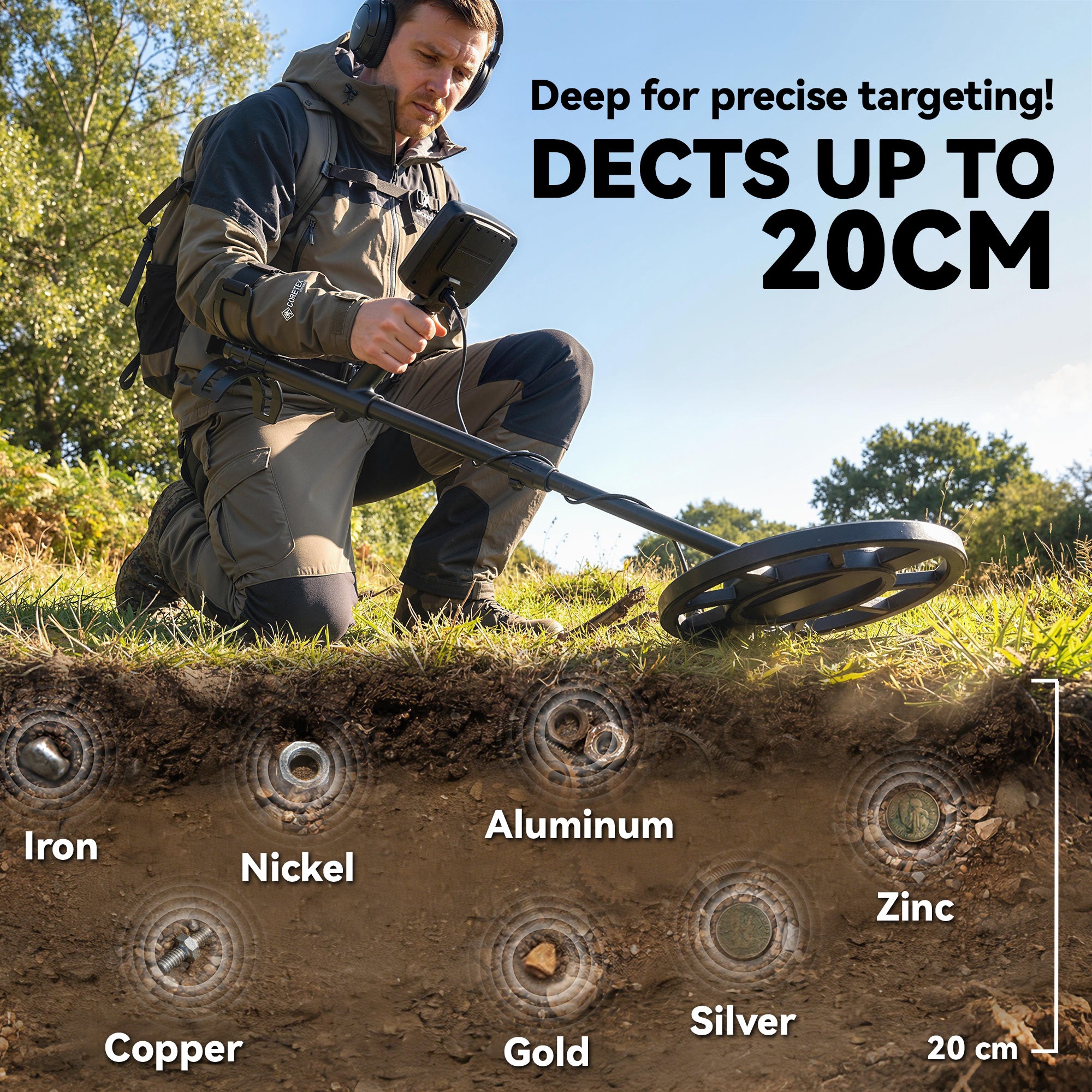 Outsunny Metal Detector for Adults, IP68 Waterproof Search Coil with LCD Display, 5 Modes Gold Detector with Carry Bag, Shovel 