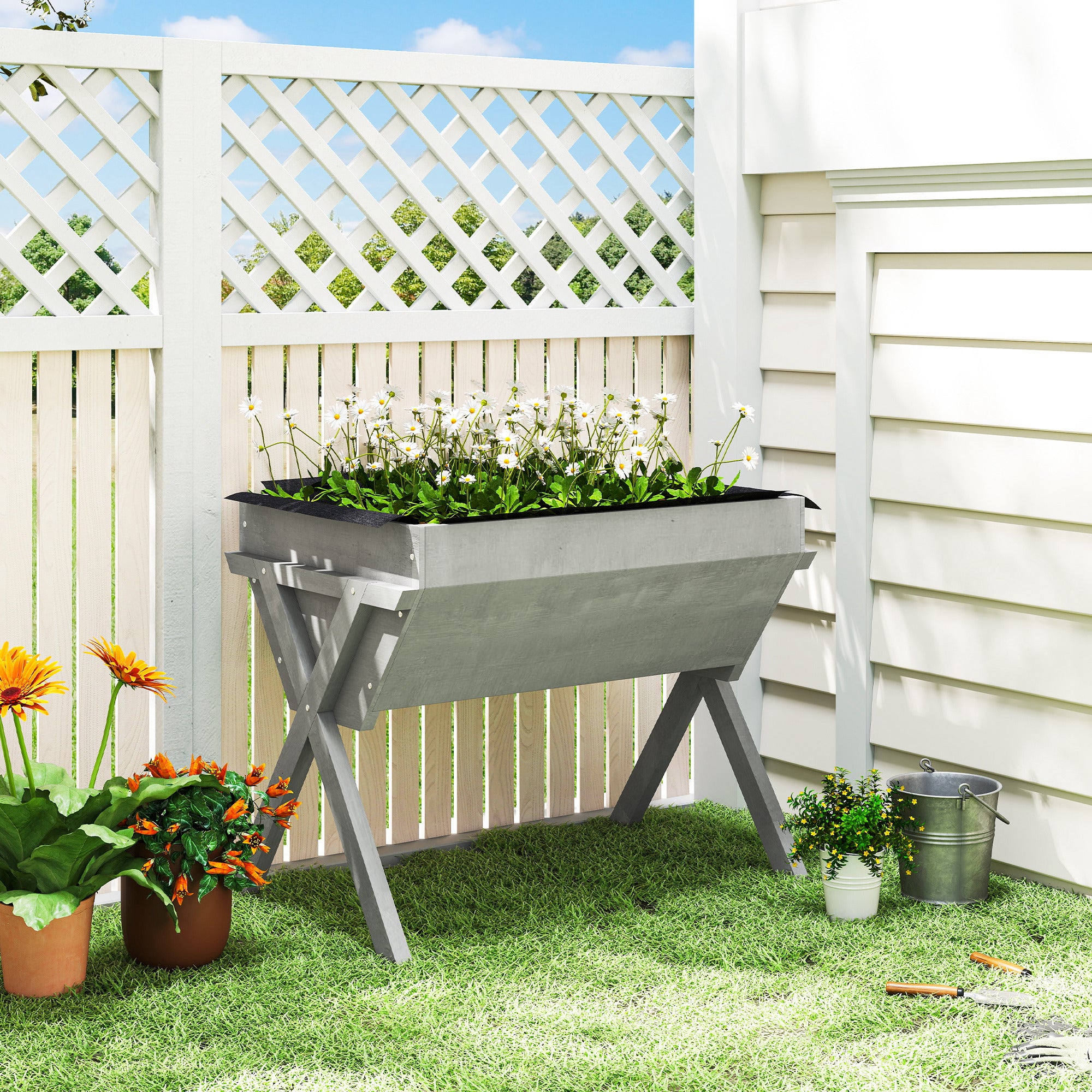 Outsunny Wooden Raised Garden Bed with Bed Liner, Elevated Planter Box with Legs, Light Grey 
