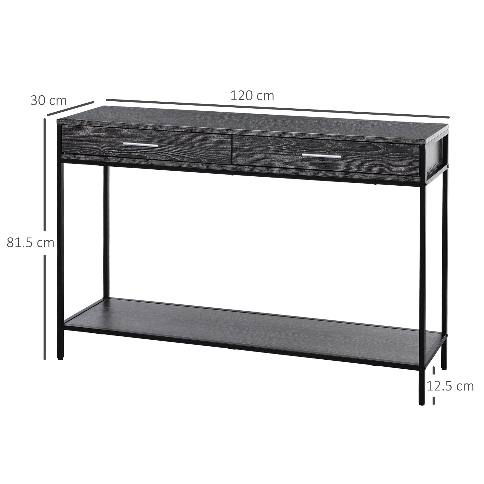 HOMCOM Console Table Worktop Bottom Shelf Home Two Drawer Industrial Minimal Style Grey Wood Tone Effect 