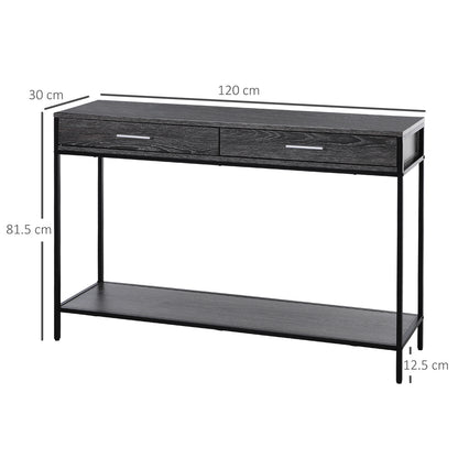 HOMCOM Console Table Worktop Bottom Shelf Home Two Drawer Industrial Minimal Style Grey Wood Tone Effect 