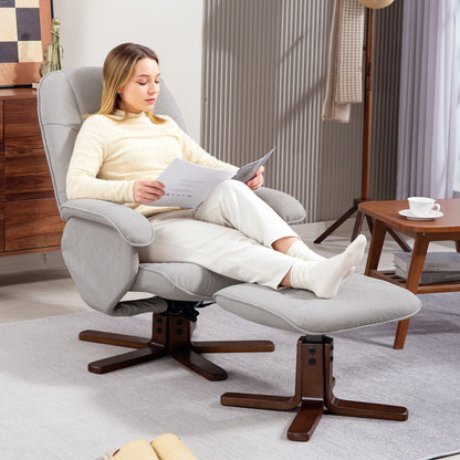 HOMCOM Linen Swivel Recliner Chair with Footstool, Upholstered Reclining Armchair with Wooden Base for Living Room, Light Grey 