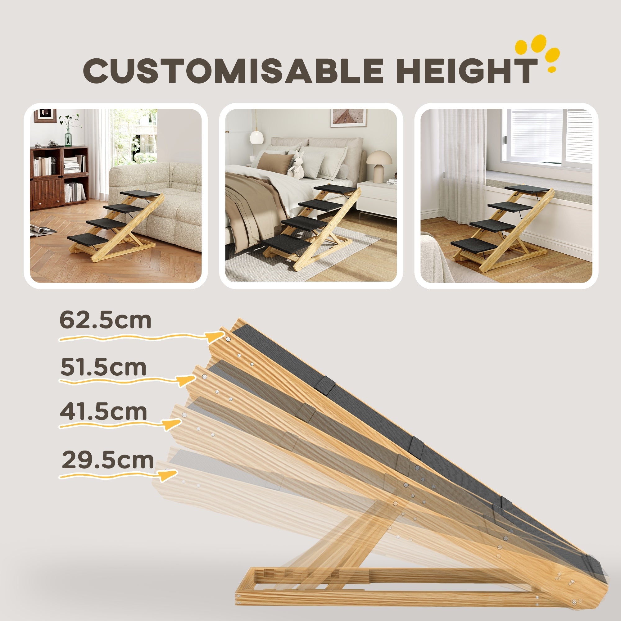 PawHut Adjustable Dog Steps Dog Ramp, 4-Step Non-slip Pet Stairs for Large Sized Dogs, Foldable Dog Stairs for Bed Sofa 