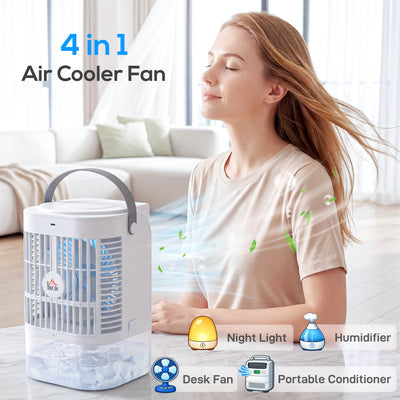 HOMCOM Portable Air Conditioner, 4-in-1 Mini Air Cooler with 4 Wind Speed, 2 Cool Mist, RGB 7 LED Light, White 