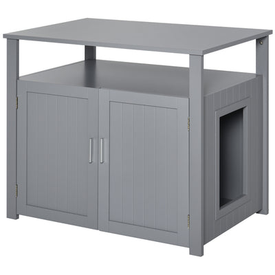 PawHut Wooden Cat Litter Box Enclosure Furniture with Adjustable Interior Wall & Large Tabletop for Nightstand, Grey 