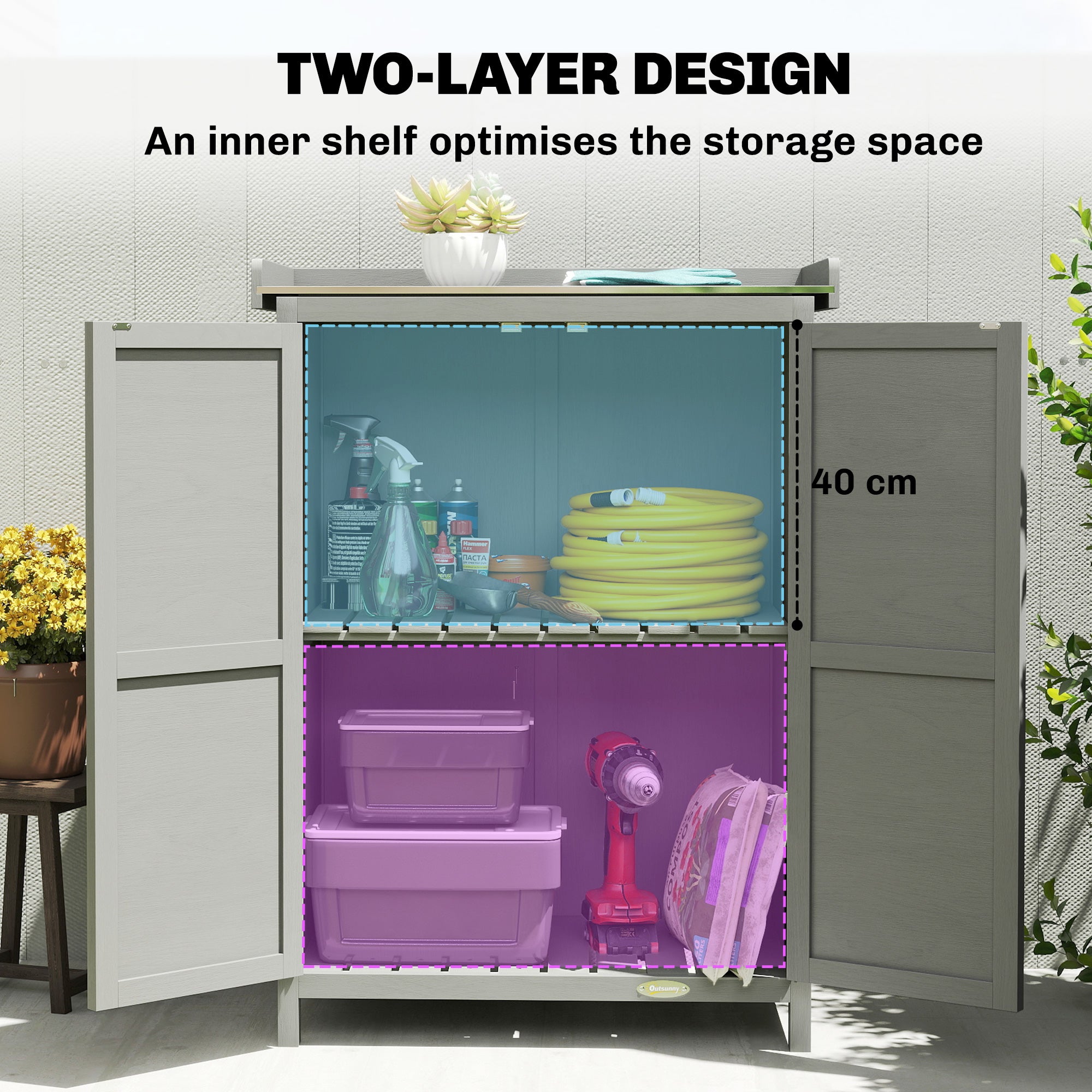 Outsunny Wooden Garden Shed, Garden Tool Storage Shed with Shelf and Side Hooks, 71.5 x 39 x 95 cm, Grey 