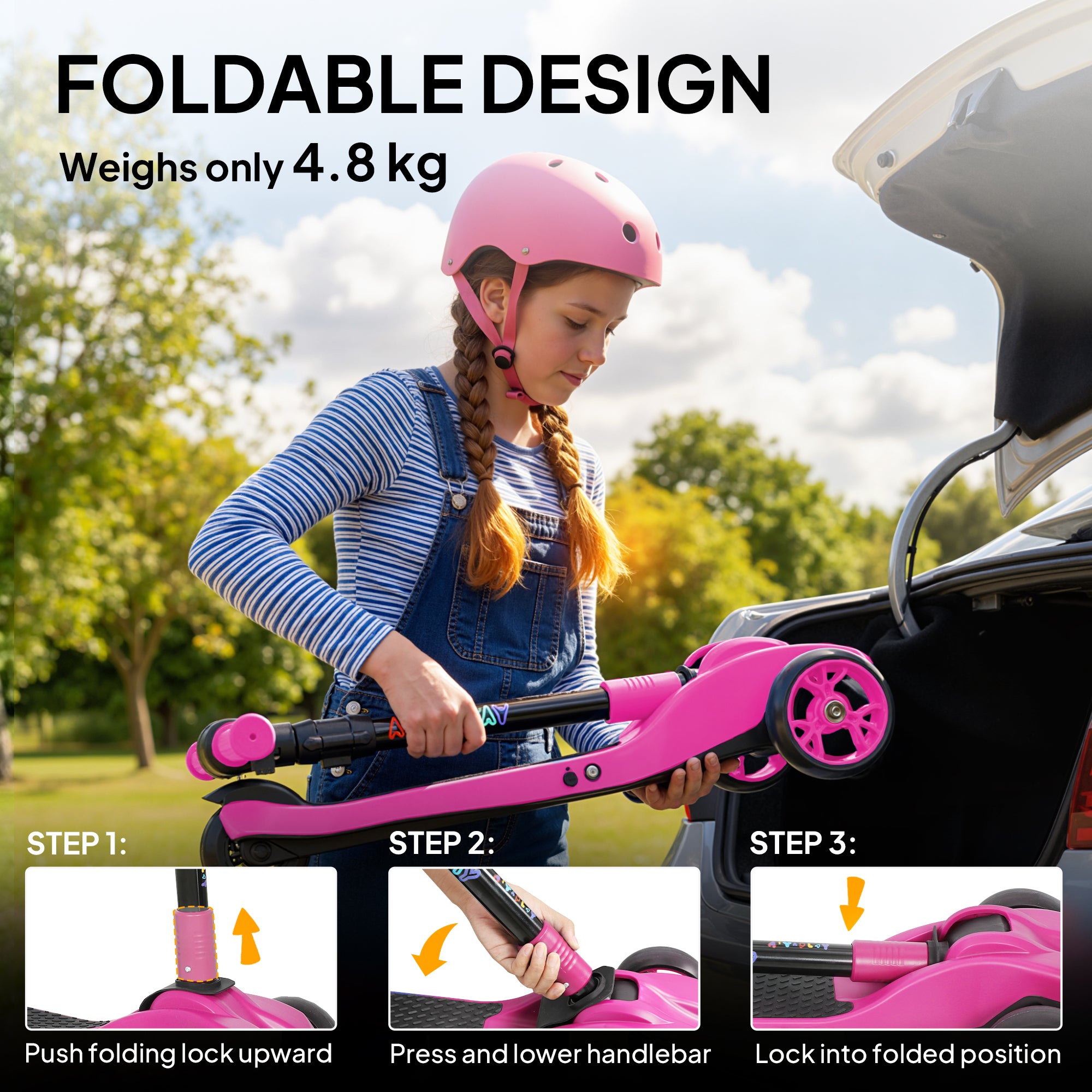 AIYAPLAY Three-Wheel Foldable Electric Scooter for Kids Aged 6-10 Years, Pink 