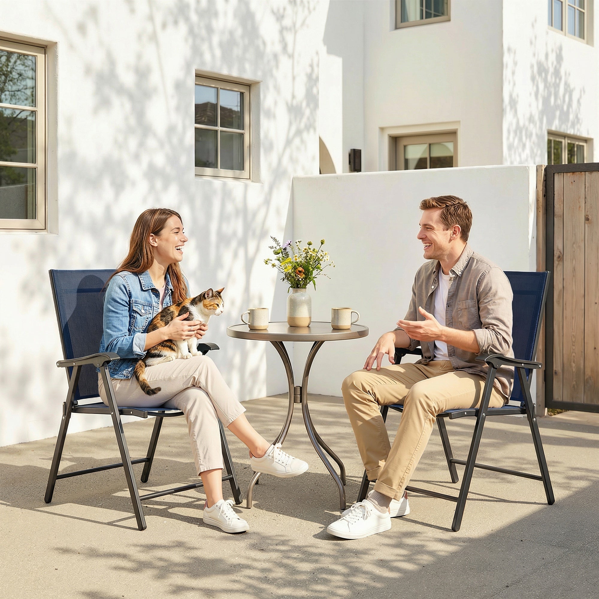 Outsunny Folding Garden Chairs Set of 2, Foldable Garden Dining Chairs with High Back, Armrests, Texteline Seat, Navy Blue 