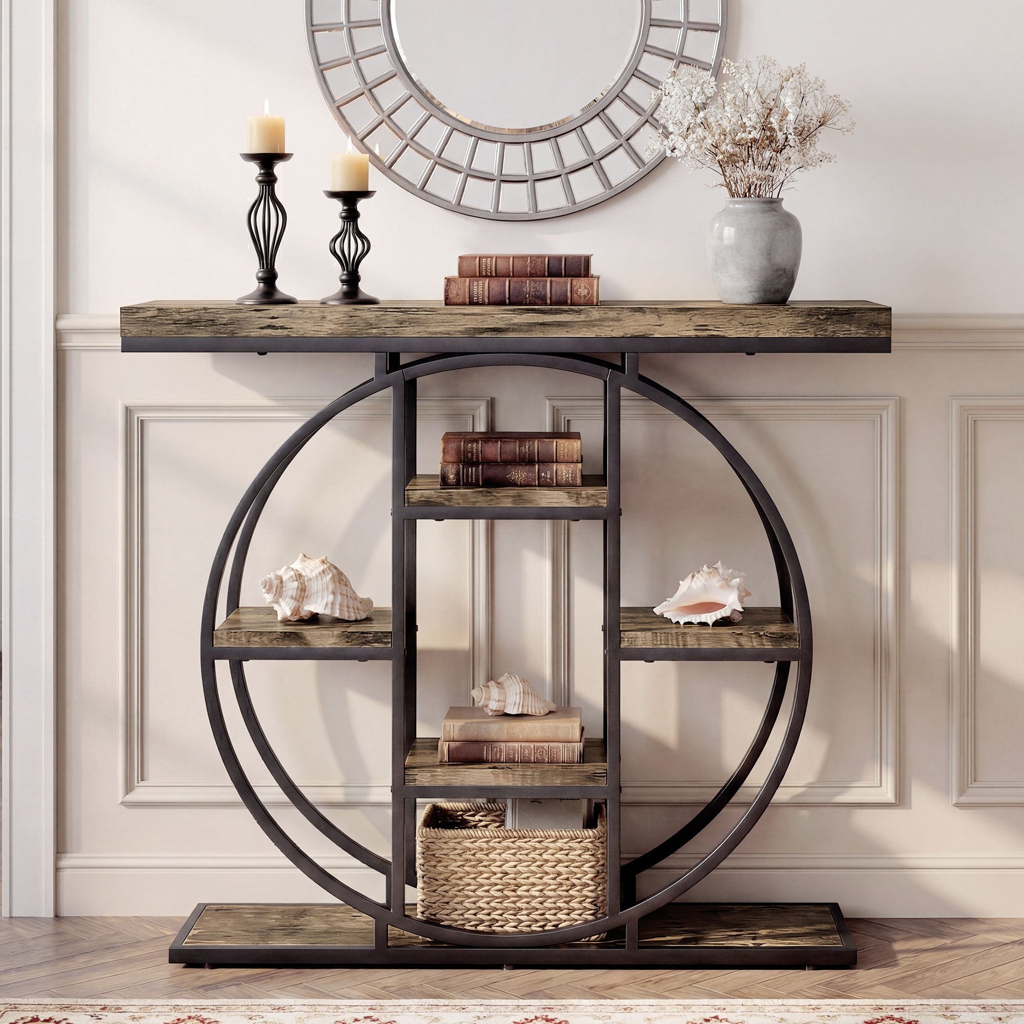 HOMCOM Industrial Console Table with Storage Shelves - Rustic Brown 